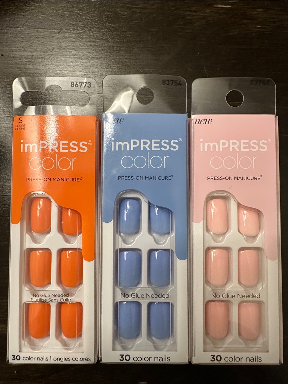 imPRESS Color Press-On Manicure Nails - Orange, Blue, Pink Trio (30 Nails Each)
